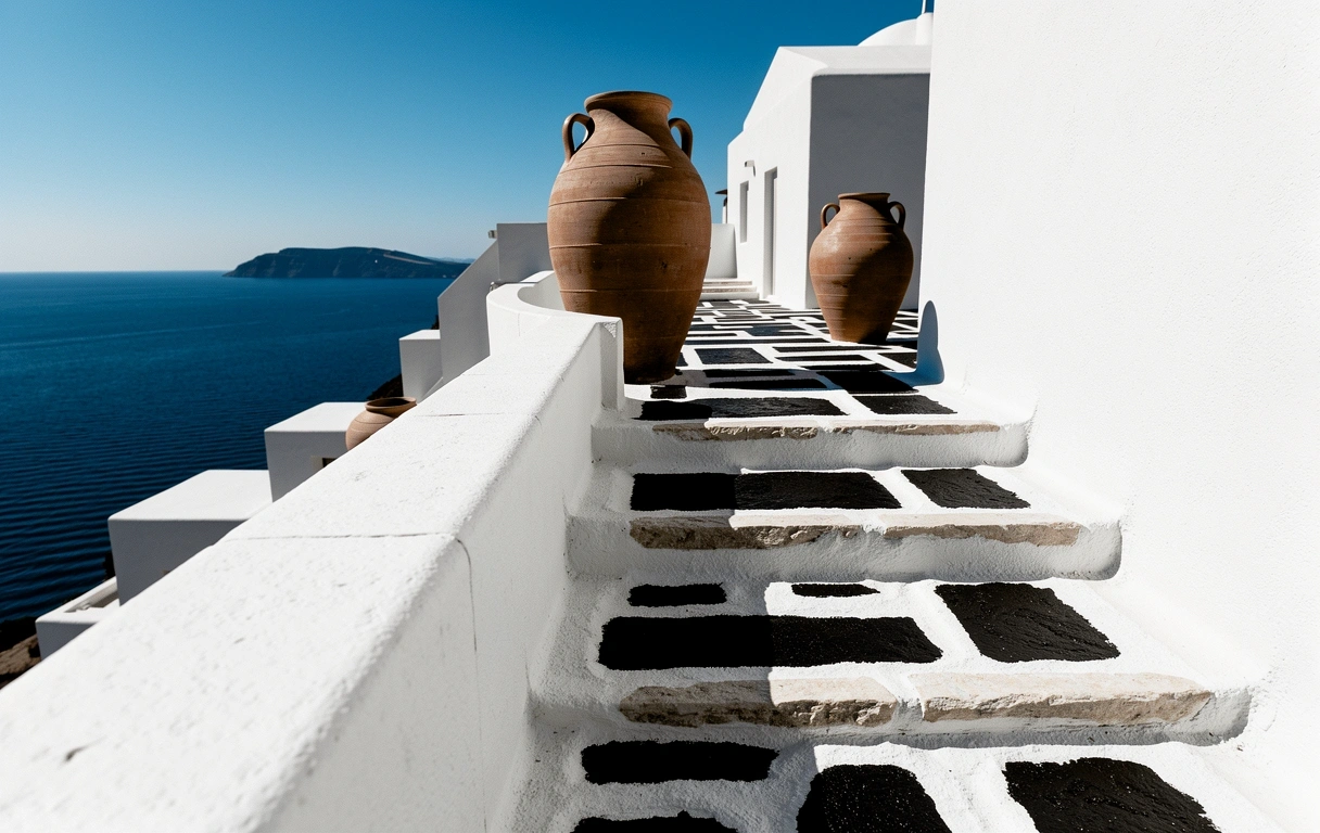 Mediterranean stone terrace under intense midday sun
