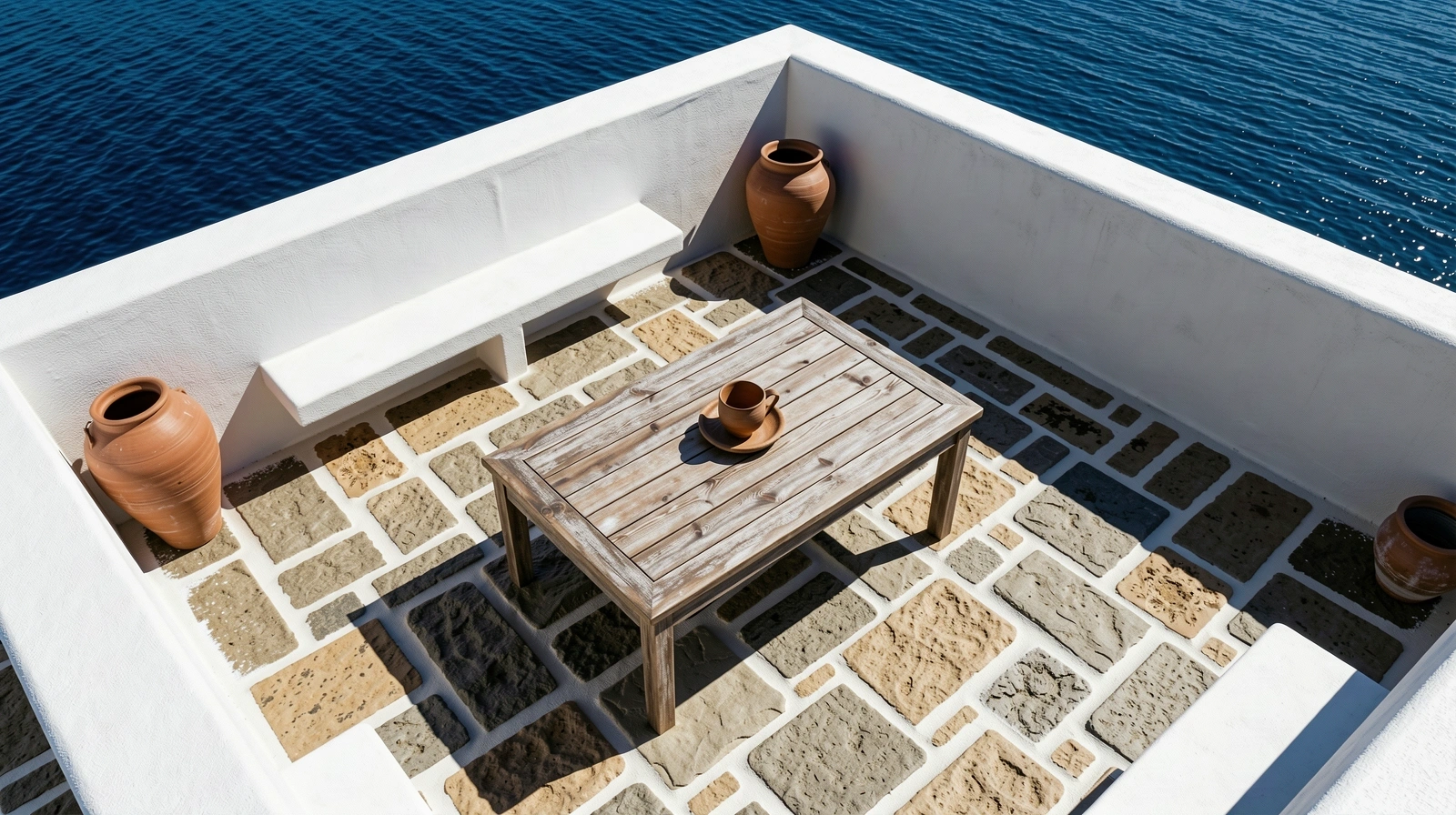 Vibrant Mediterranean stone terrace under harsh midday sun